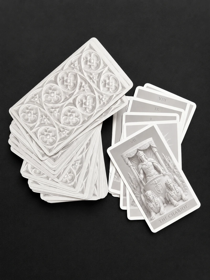 Spread Lucis Occulta tarot deck showing ornate card backs and The Chariot in the foreground